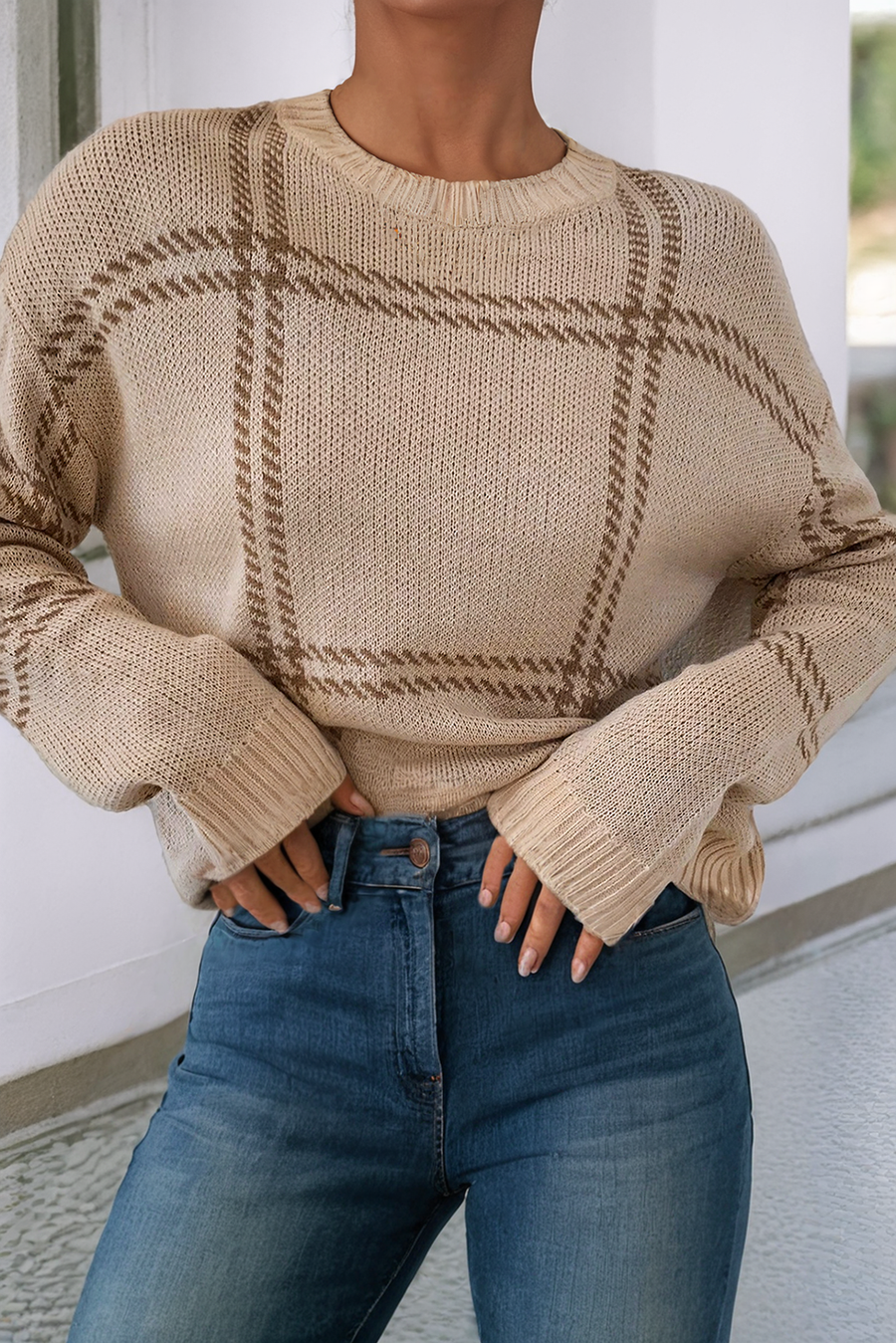 Plaid Pattern Knitted Drop Shoulder Sweater: Khaki