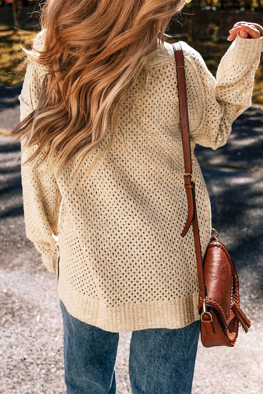 Loose Eyelet V Neck Drop Shoulder Sweater: Parchment-Little Daisy Closet