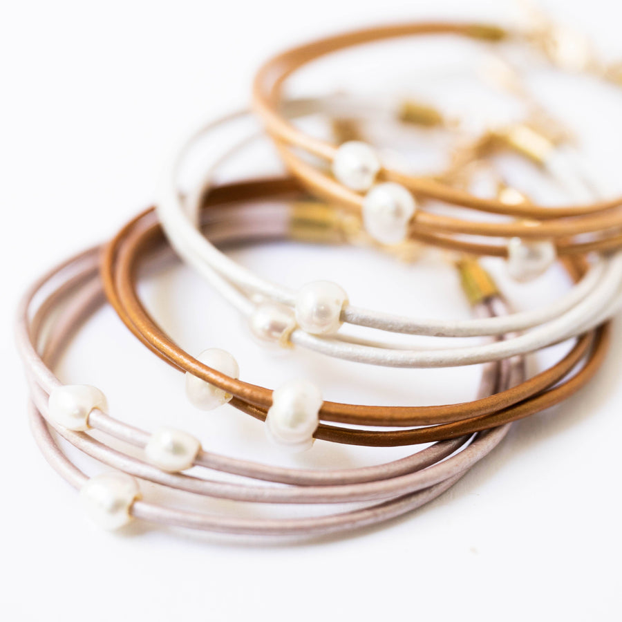 Nest Pretty Things-Pale blush/ Pearl and leather adjustable shimmer bracelet: