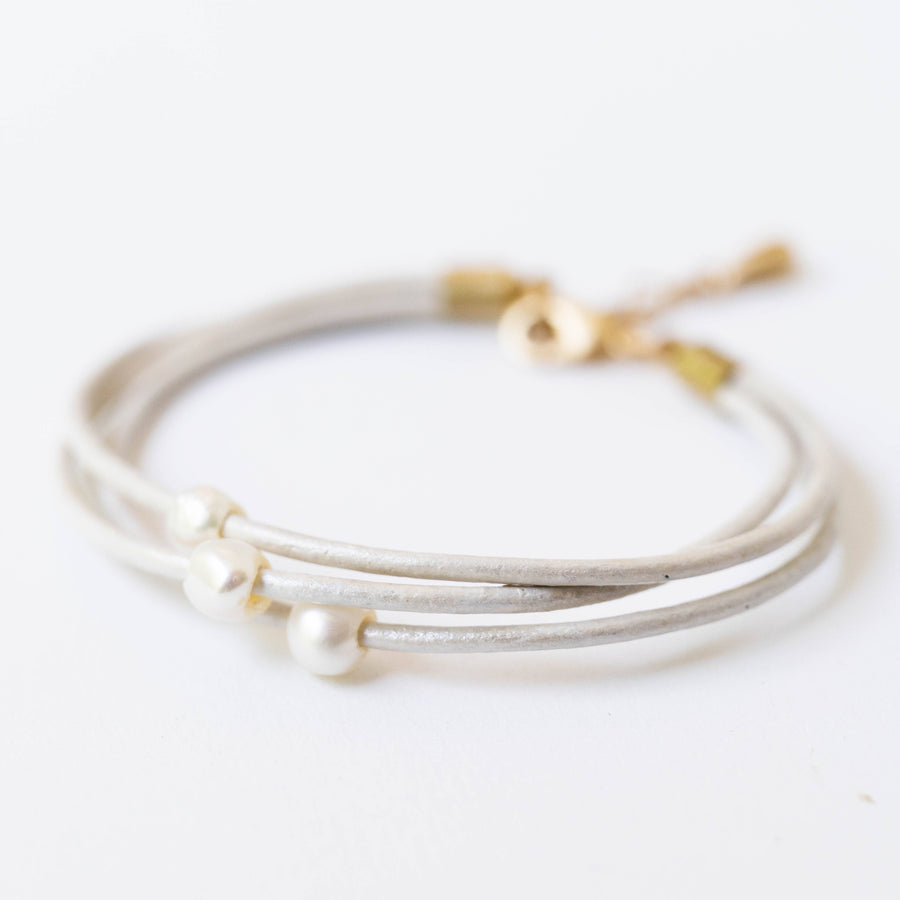 Nest Pretty Things-Pale blush/ Pearl and leather adjustable shimmer bracelet: