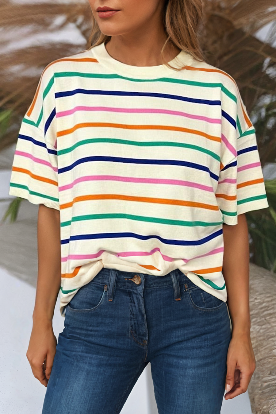 Little Daisy Closet - LDC Stripe Dropped Short Sleeve Boxy Fit Knit Top