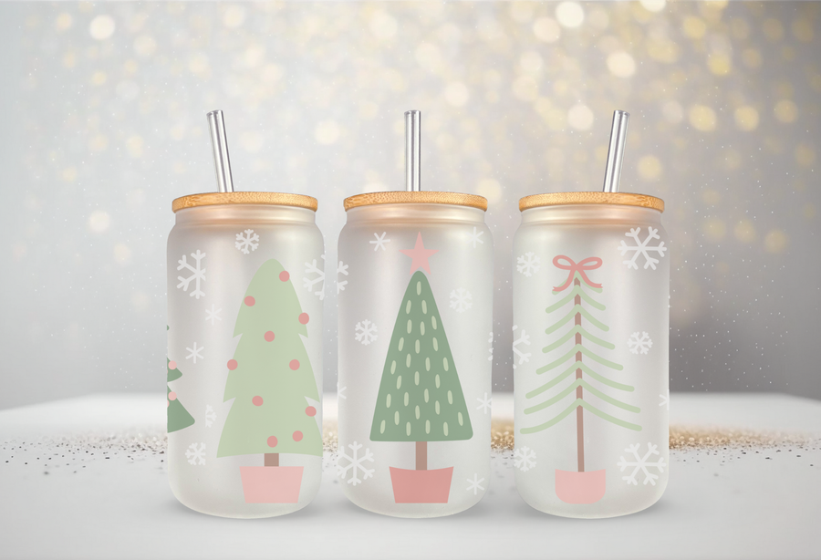 Frosted Christmas Trees Cup, Glass Can, 16 Oz-The Inspiration Haven