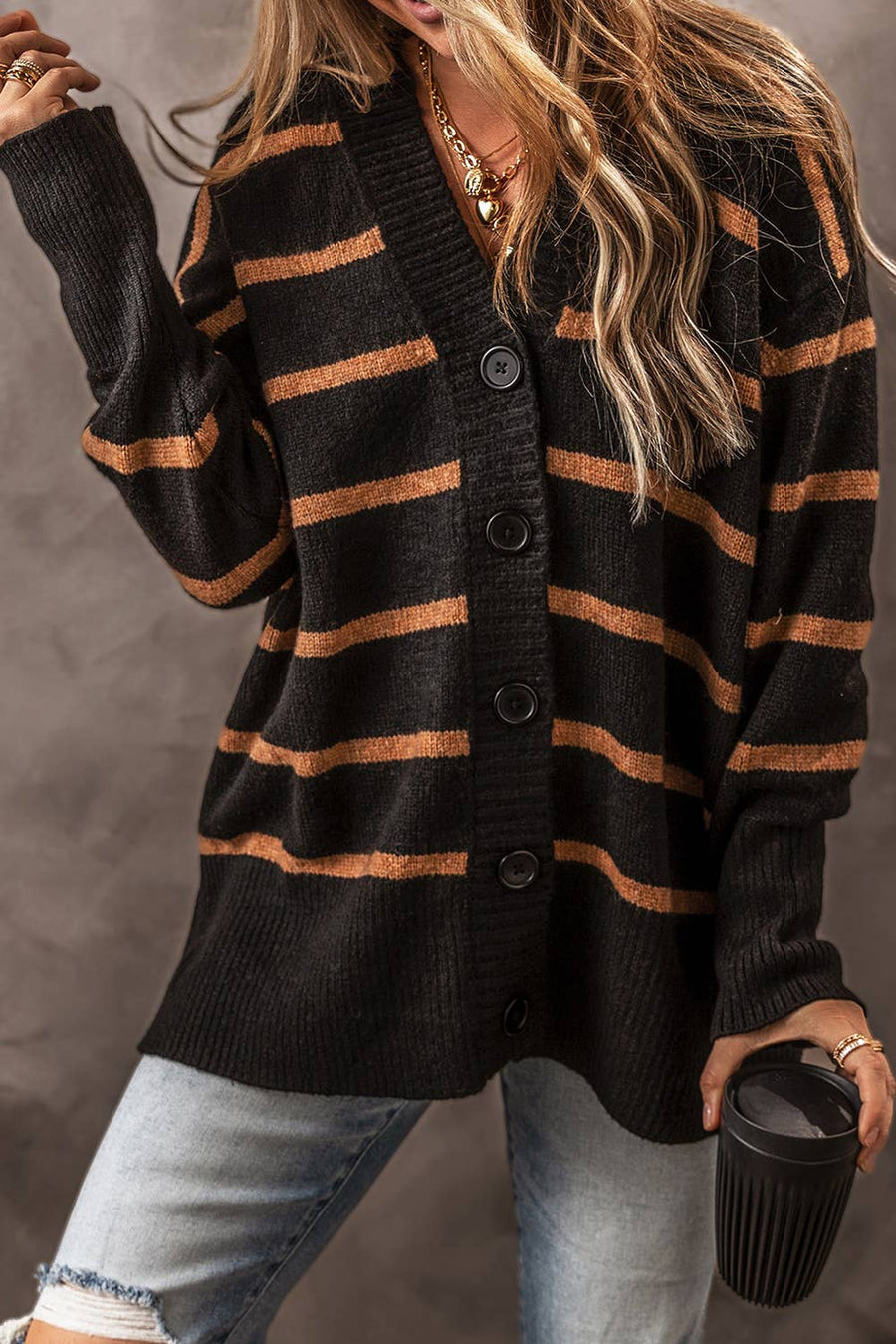 Little Daisy Closet - Stripe Buttoned Cardigan: Black + Brown