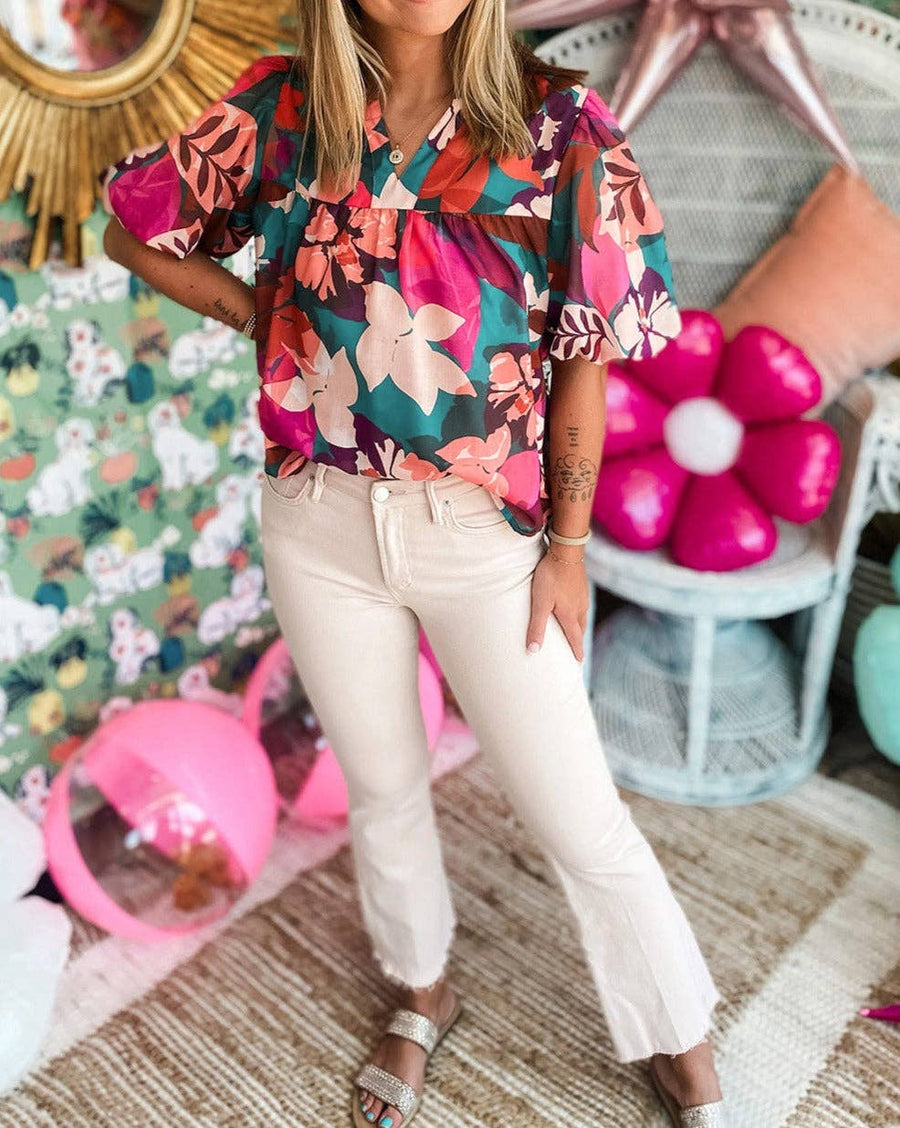 Pretty Bash - Floral Notched V-Neck Blouse