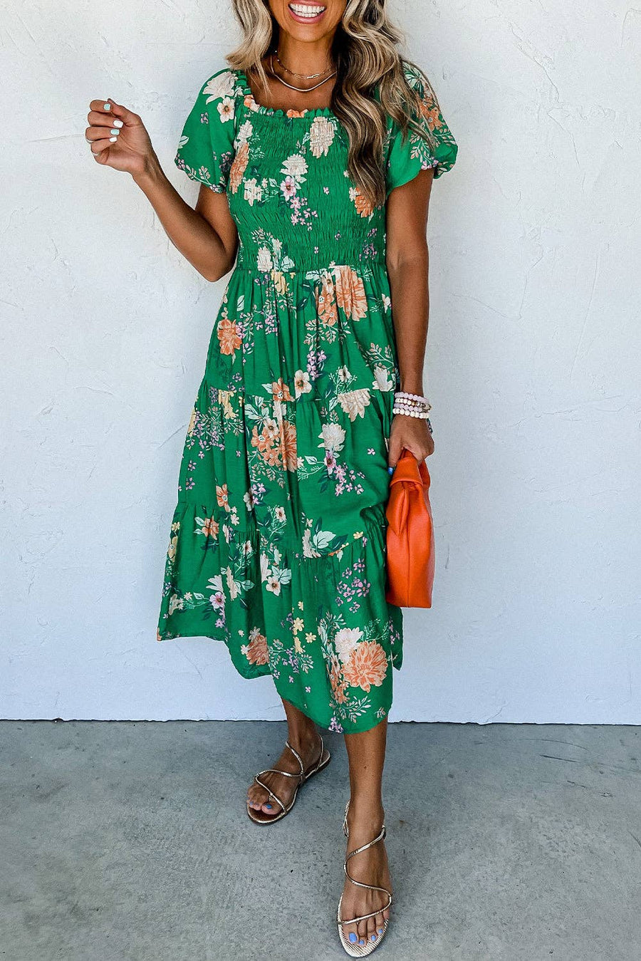 Pretty Bash - Floral Smocked Tiered Midi Dress