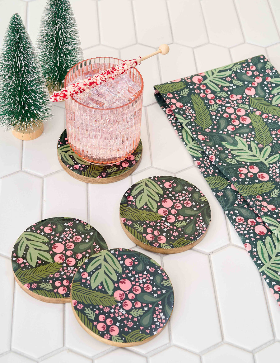 Wood Coaster Set-Jolly Sprig Green