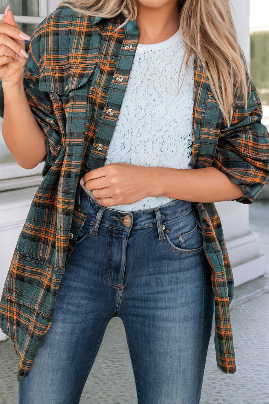 Long Sleeve Side Split Distressed Shirt: Green-Little Daisy Closet