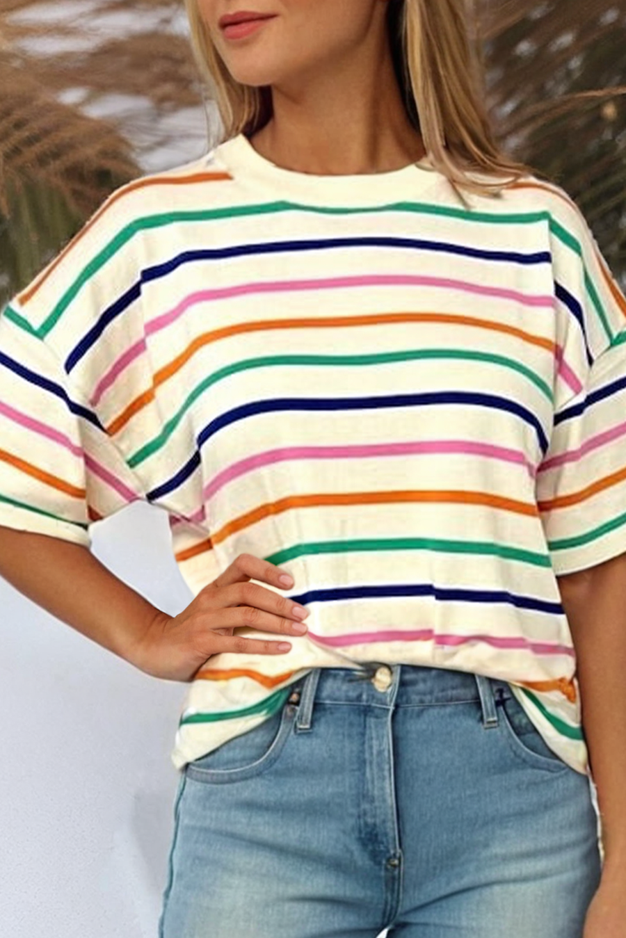 Little Daisy Closet - LDC Stripe Dropped Short Sleeve Boxy Fit Knit Top