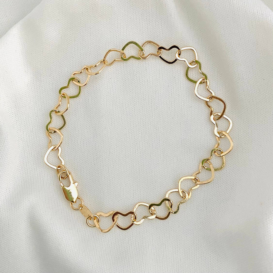 Housegold jewelry - Heart Link Bracelet, 18k Gold Filled Link Br: 7.5”