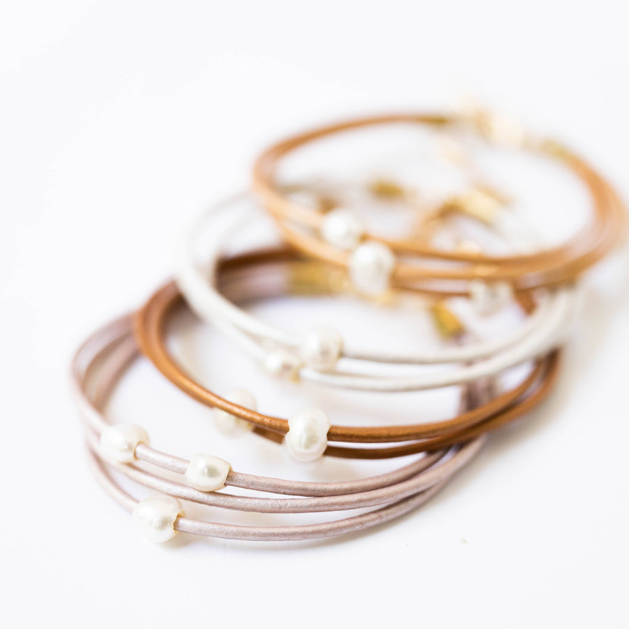 Nest Pretty Things-Pale blush/ Pearl and leather adjustable shimmer bracelet: