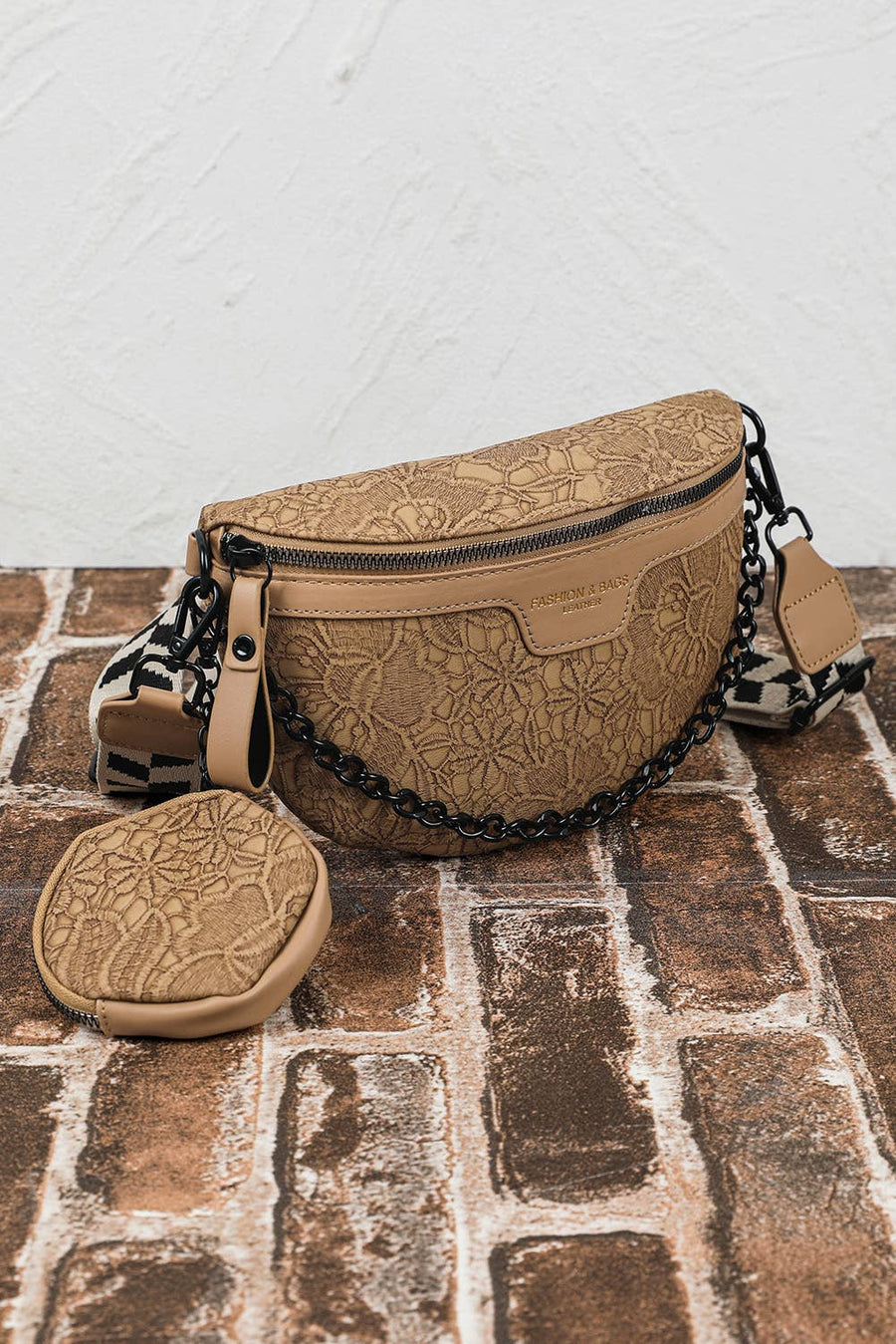 Little Daisy Closet - Colorblock Strap Chain Shoulder Bag With Coin Purse: Camel