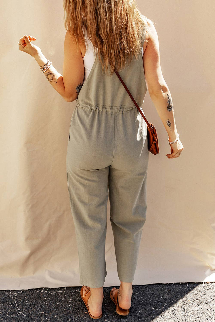 Little Daisy Closet - Drawstring Buttoned Straps Cropped Overall: Sage Green