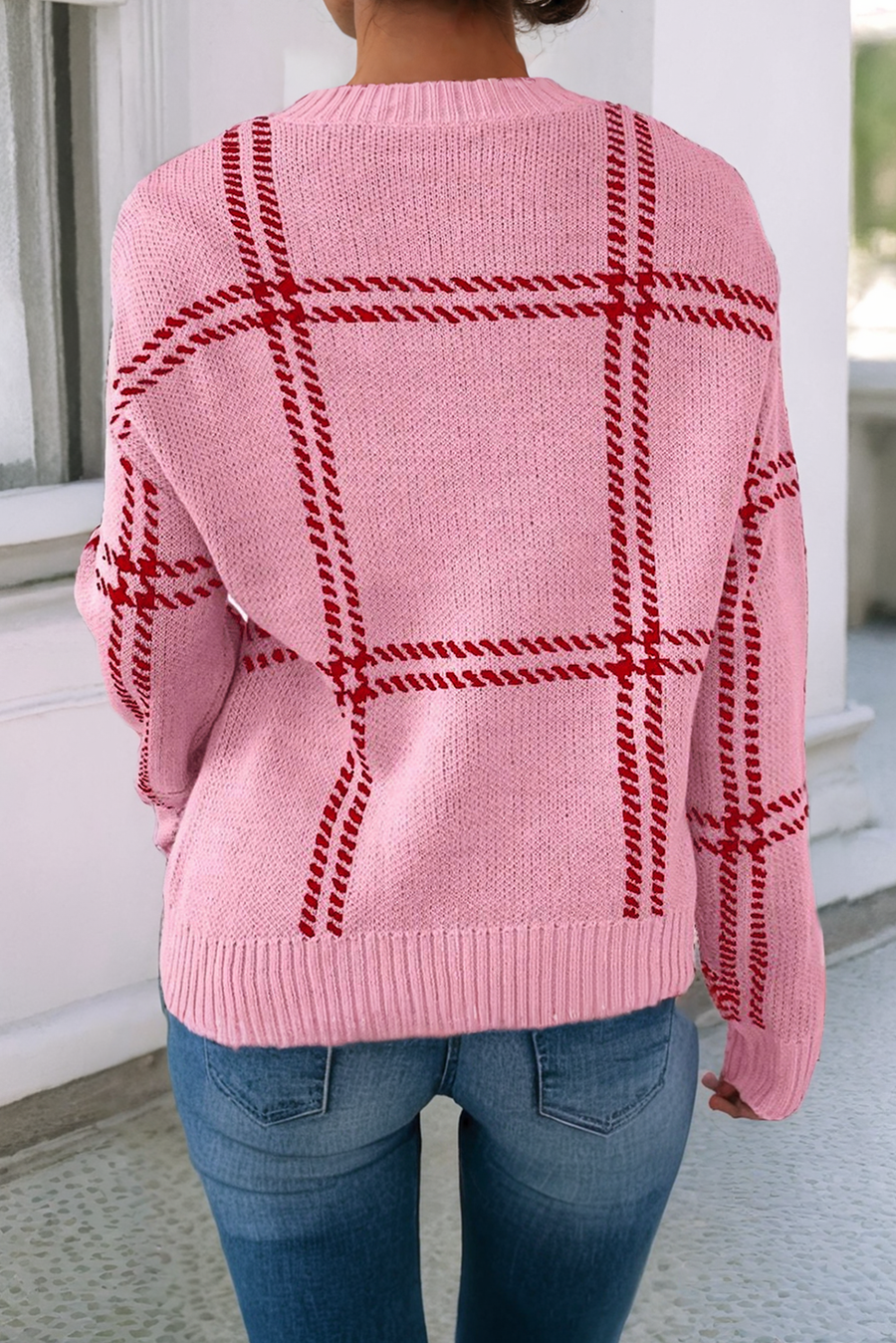 Plaid Pattern Knitted Drop Shoulder Sweater: Pink