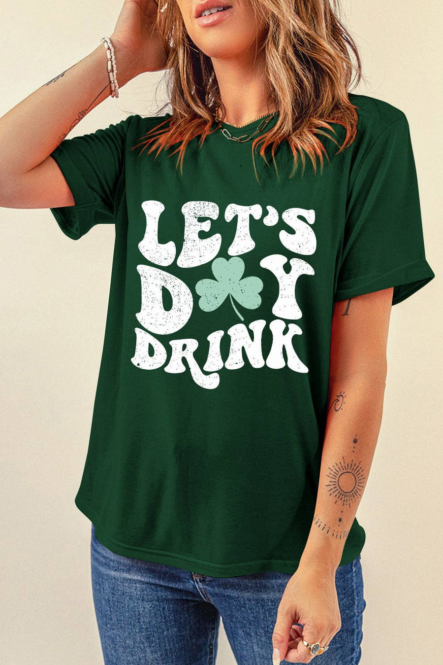 Lovesoft - Green Lets Day Drink Clover Print Round Neck T Shirt: Green / M / 62%Polyester+32%Cotton+6%Elastane