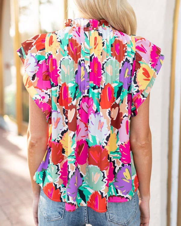 Pretty Bash - Multicolor Floral Pleated Ruffle Blouse