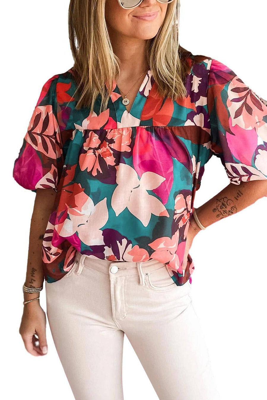 Pretty Bash - Floral Notched V-Neck Blouse