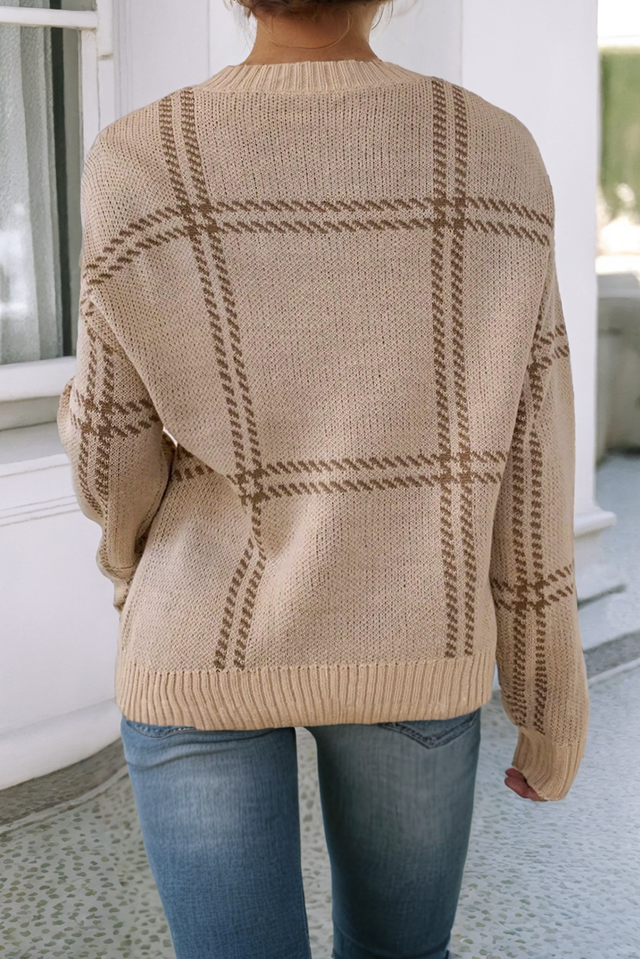 Plaid Pattern Knitted Drop Shoulder Sweater: Khaki