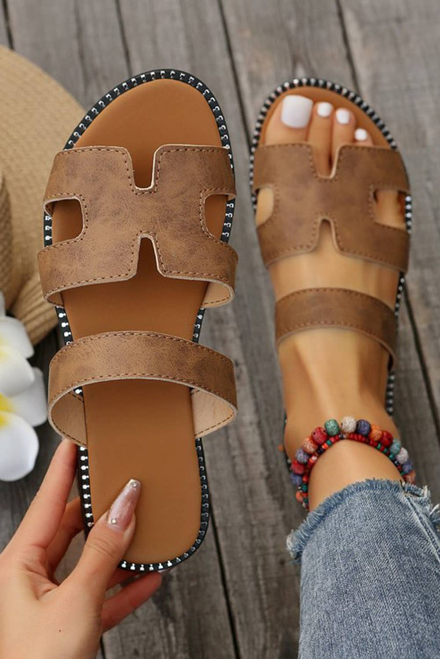 Little Daisy Closet - Cut Out Leather Sandals: Brown