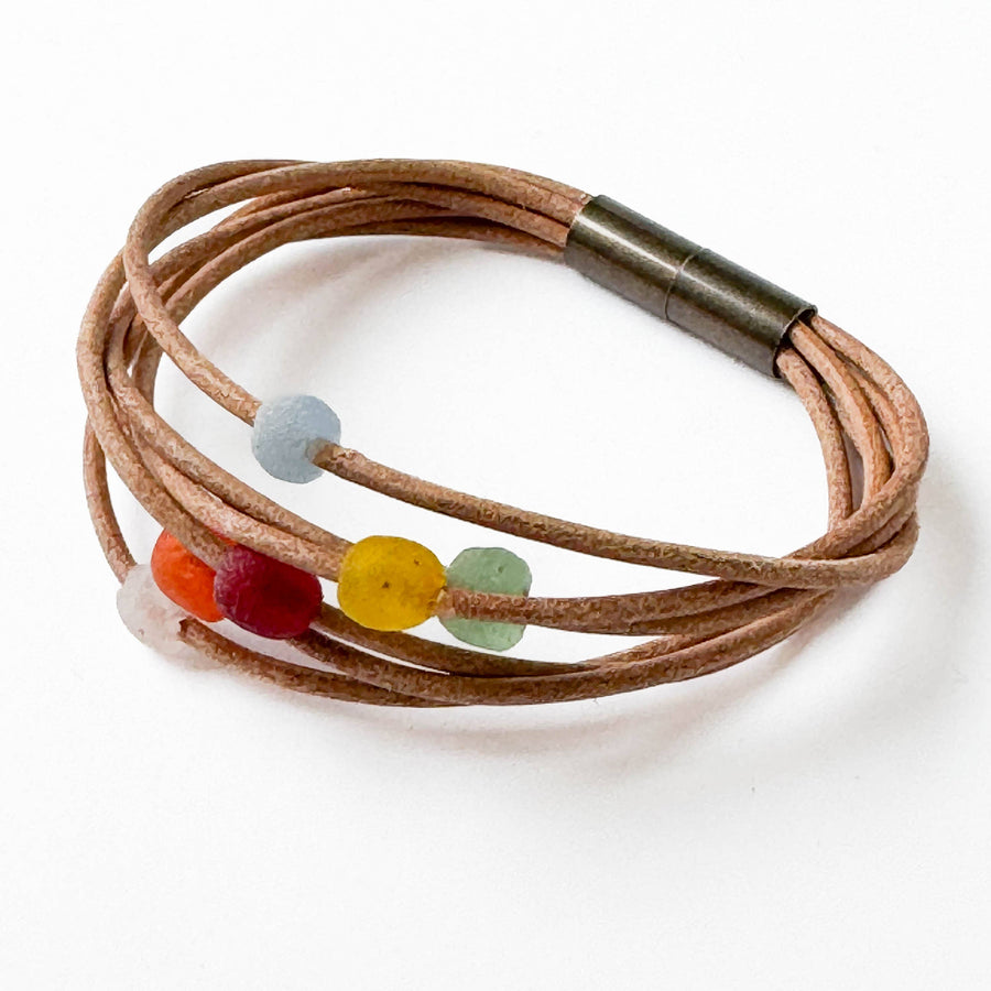 Nest Pretty Things - Natural Leather and Colorful Recycle Glass Beads: 7"