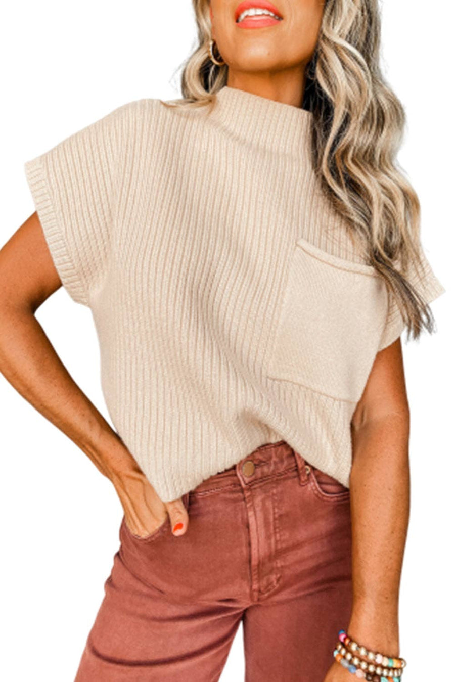 Lovesoft - Pocket Ribbed Knit Short Sleeve Sweater: Oatmeal