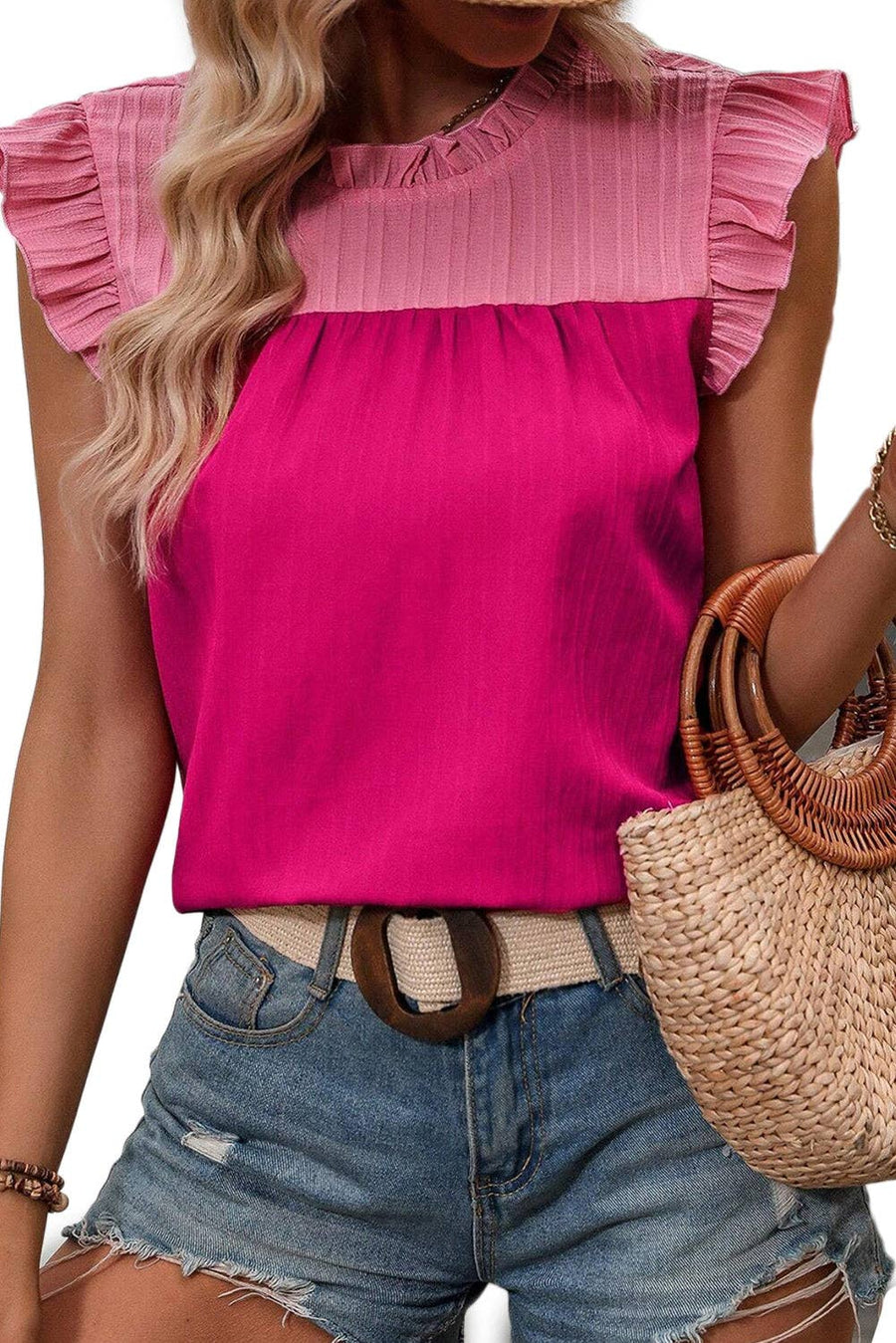 Pretty Bash - Two tone Pink Colorblock Flutter Sleeve Blouse