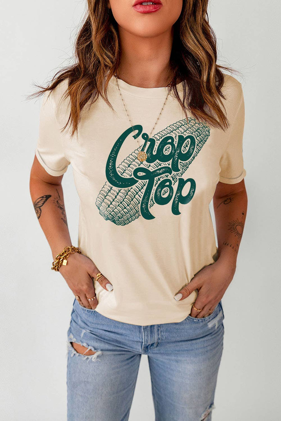 Little Daisy Closet - Khaki Corn Crop Top Graphic Tee