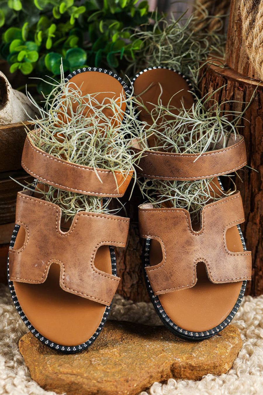 Little Daisy Closet - Cut Out Leather Sandals: Brown