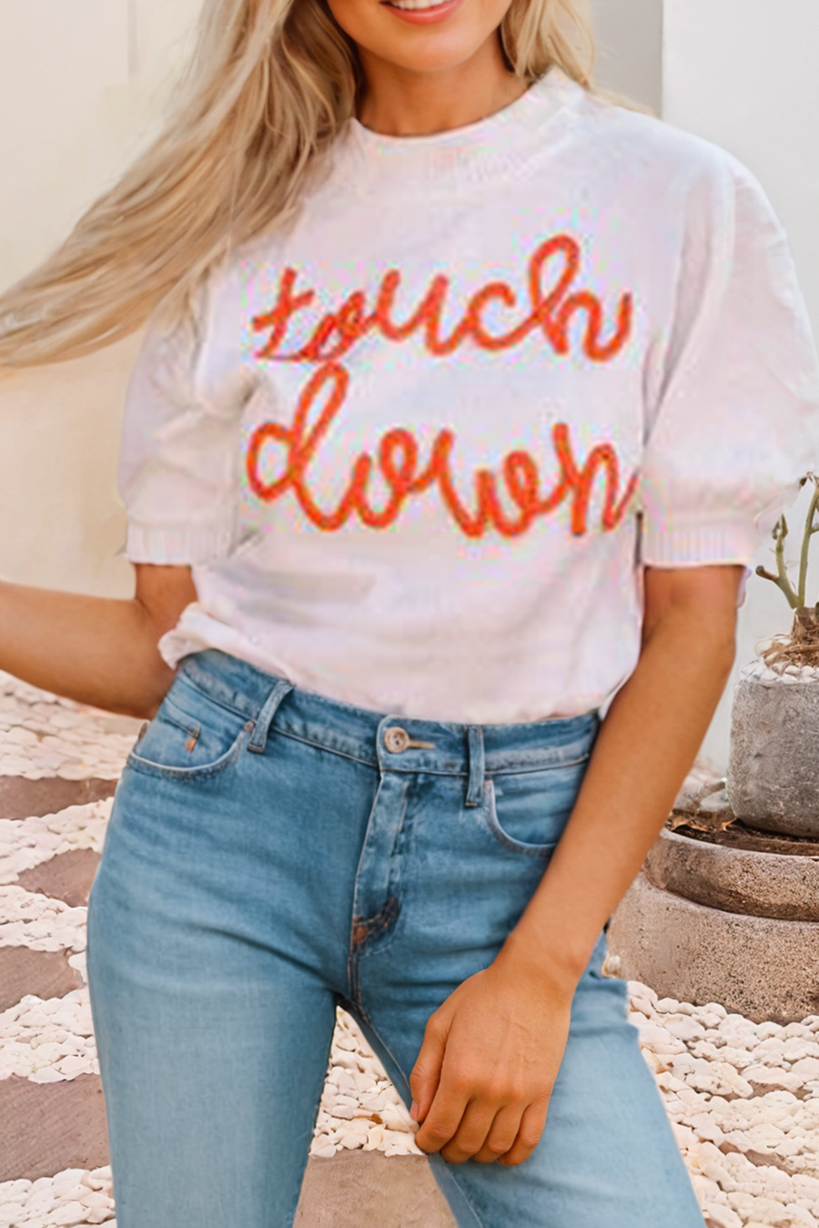 Little Daisy Closet - Touchdown Puff Short Sleeve Crew Neck Sweater: White + Orange