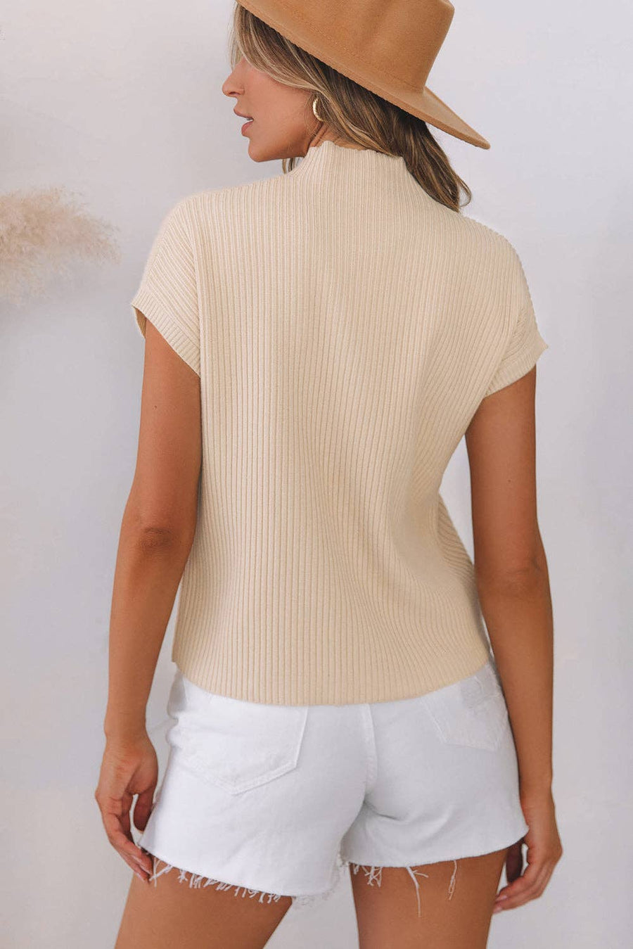 Lovesoft - Pocket Ribbed Knit Short Sleeve Sweater: Oatmeal