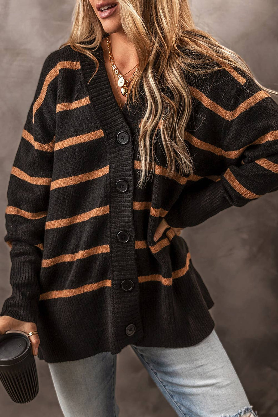 Little Daisy Closet - Stripe Buttoned Cardigan: Black + Brown