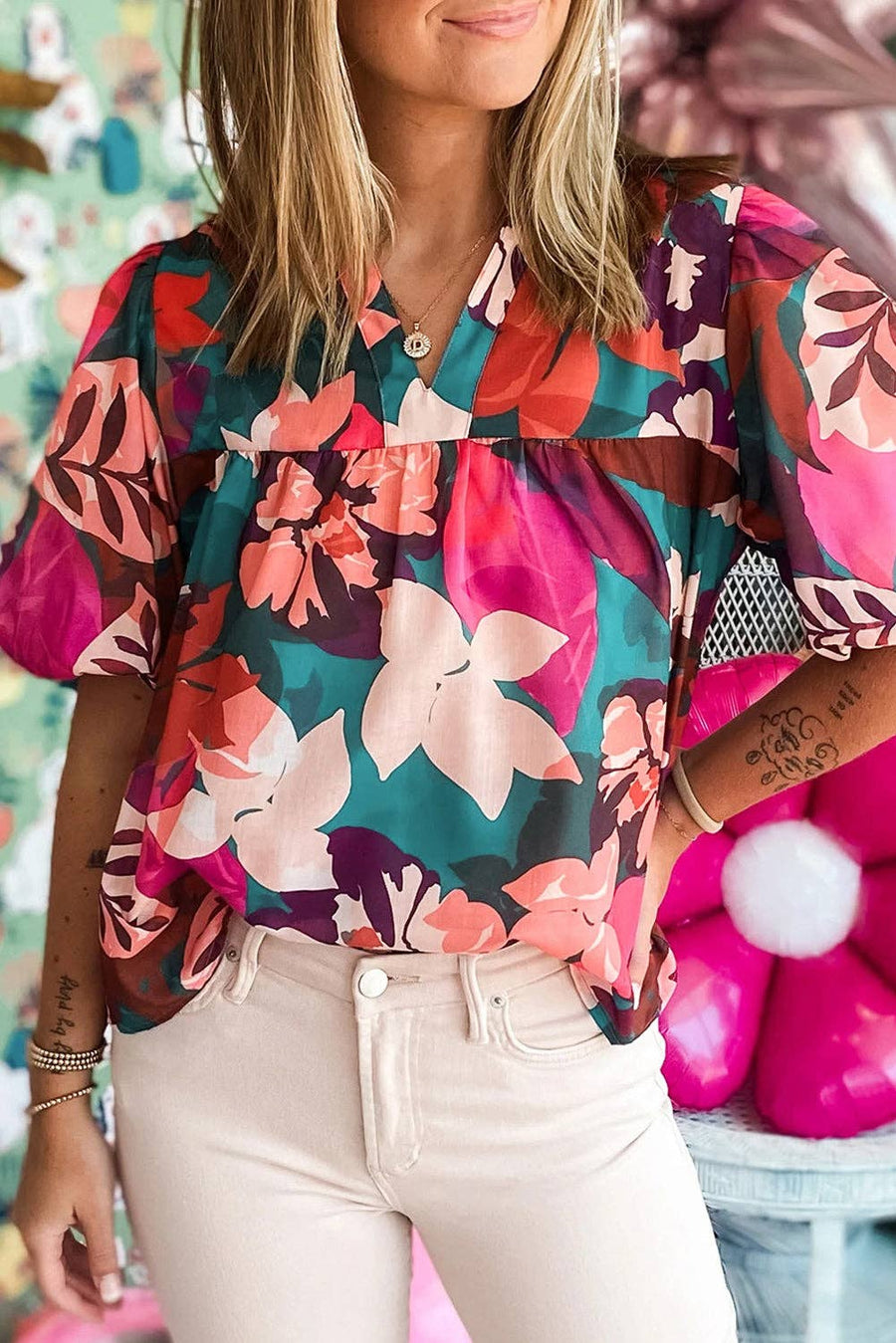 Pretty Bash - Floral Notched V-Neck Blouse