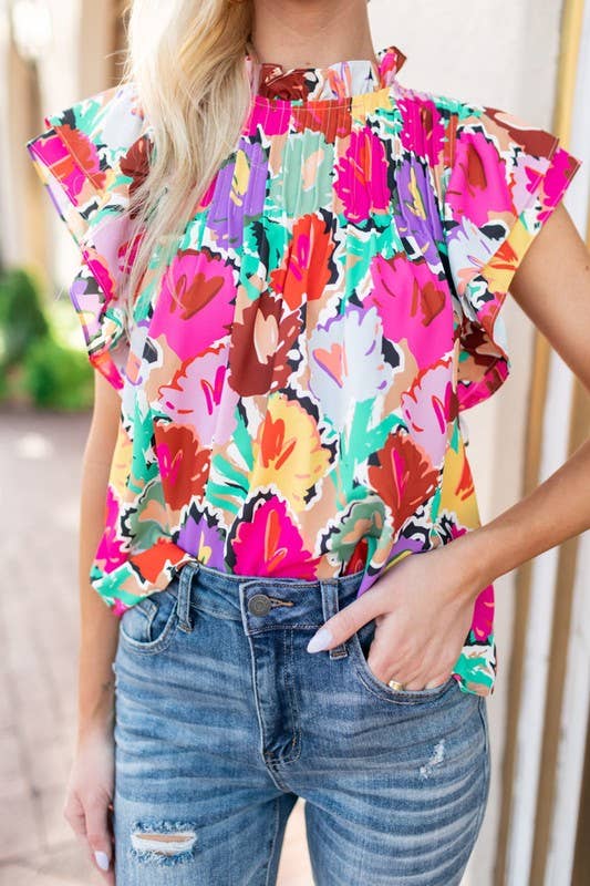 Pretty Bash - Multicolor Floral Pleated Ruffle Blouse