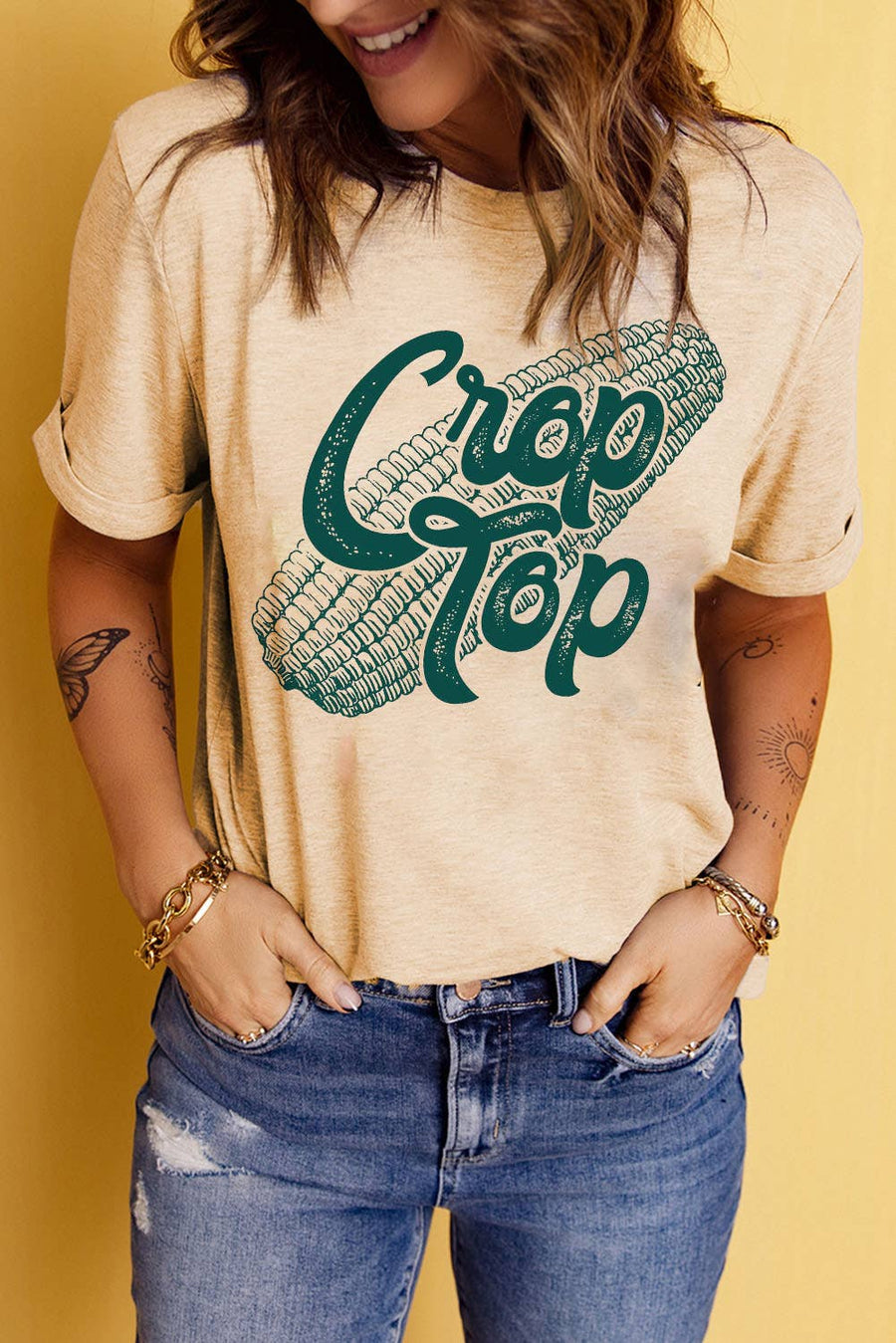 Little Daisy Closet - Khaki Corn Crop Top Graphic Tee