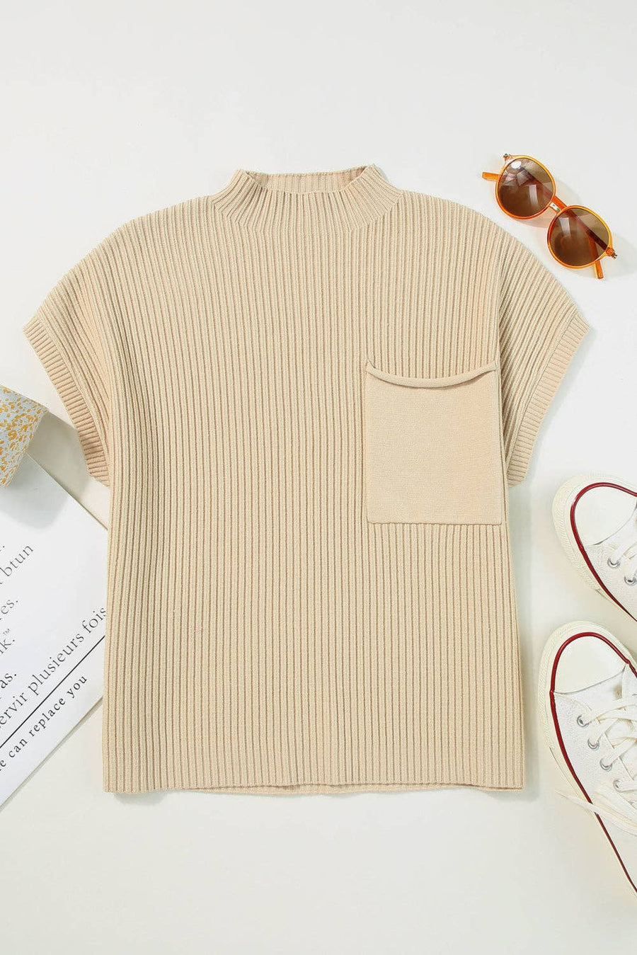 Lovesoft - Pocket Ribbed Knit Short Sleeve Sweater: Oatmeal