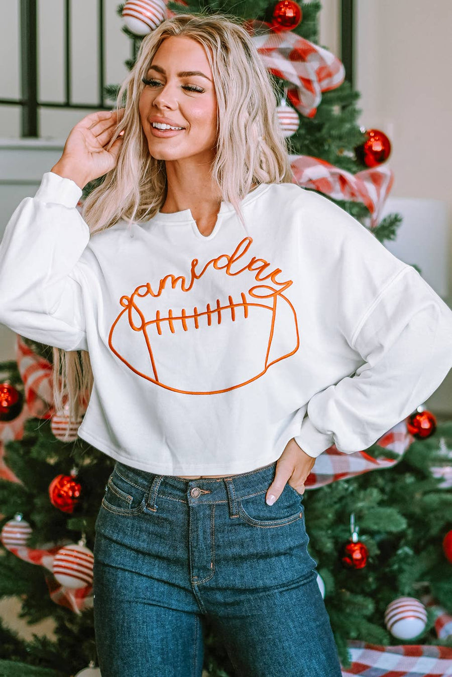 Little Daisy Closet - Game Day Lettering Rugby Notched Neck Sweatshirt: Orange