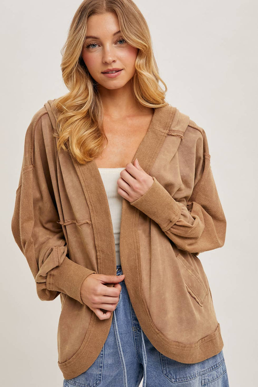 Bluivy - LATTE WASHED OPEN FRONT HOODIE CARDIGAN