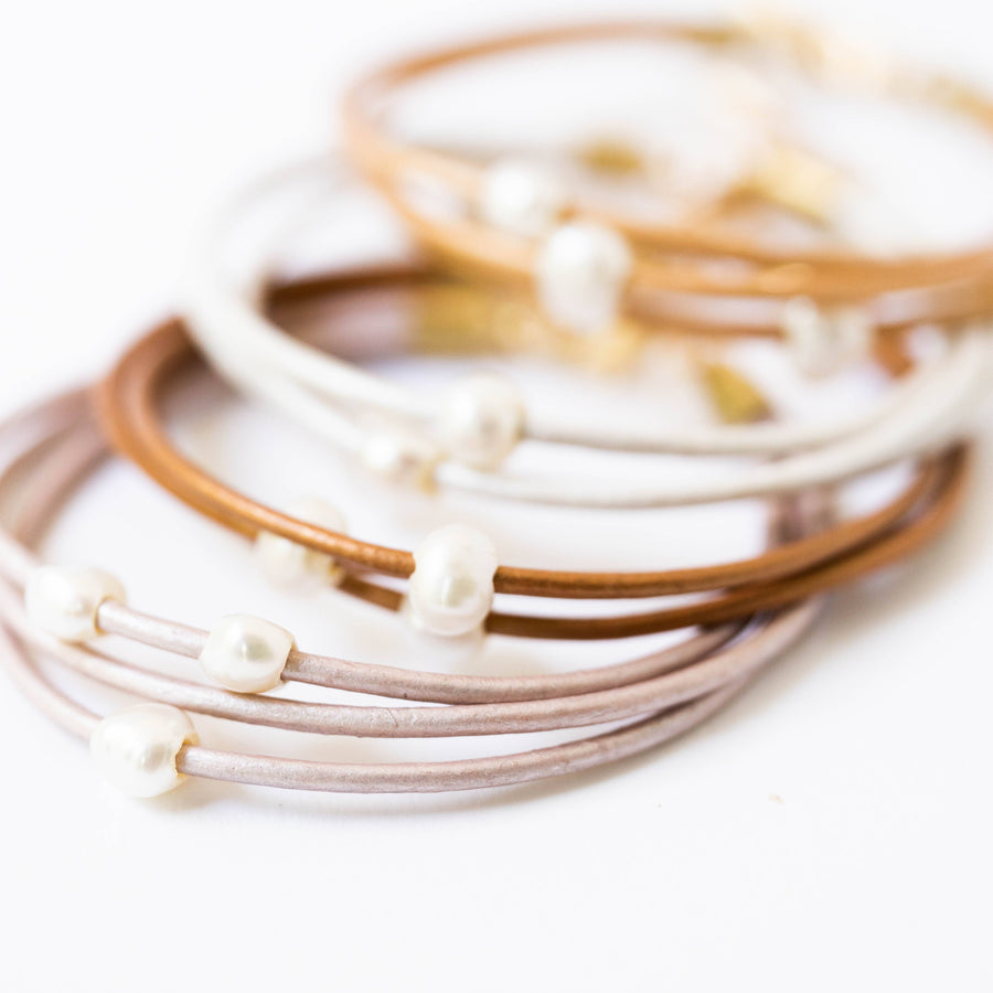 Nest Pretty Things-Pale blush/ Pearl and leather adjustable shimmer bracelet: