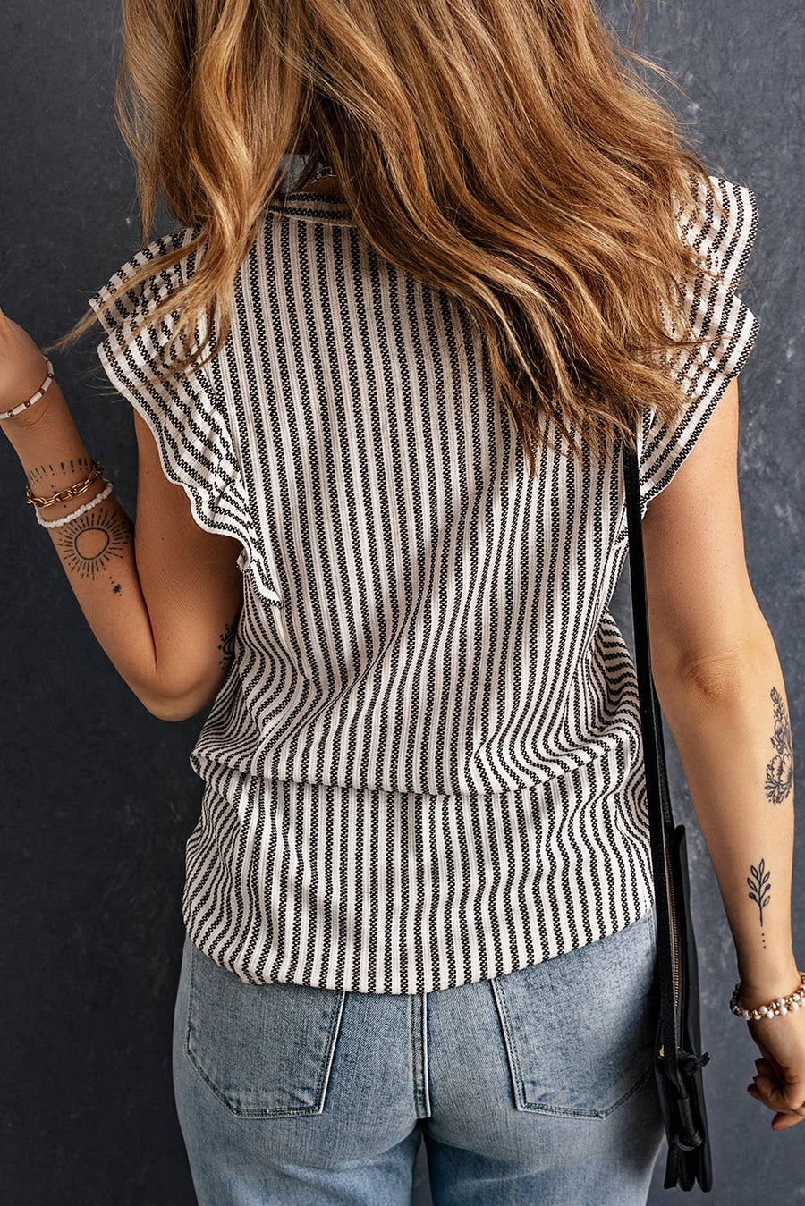 Little Daisy Closet - Gray Crew Neck Ruffled Striped Tank Top