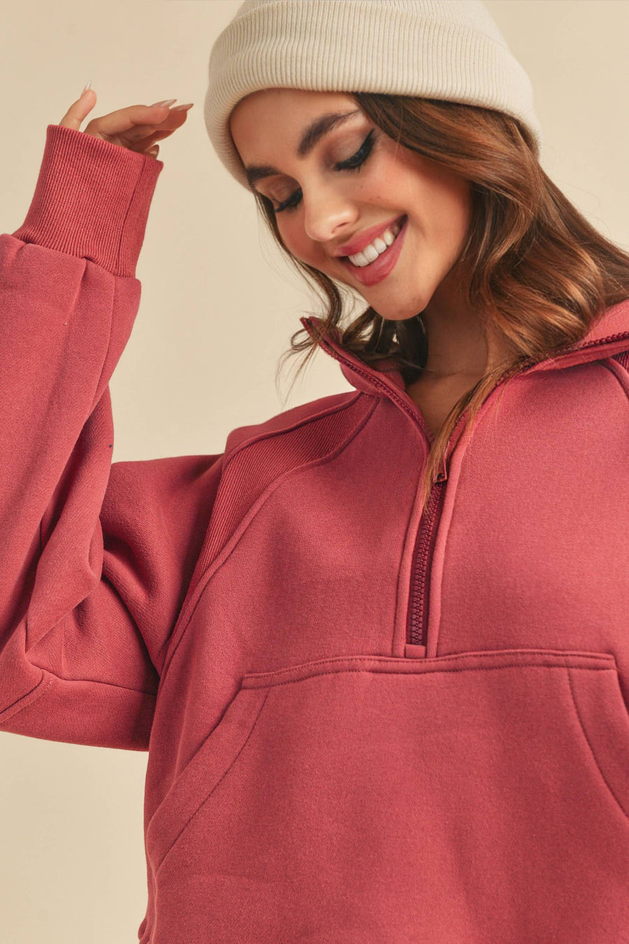 AEMI + CO -Berry Dove Funnel Neck Half Zip