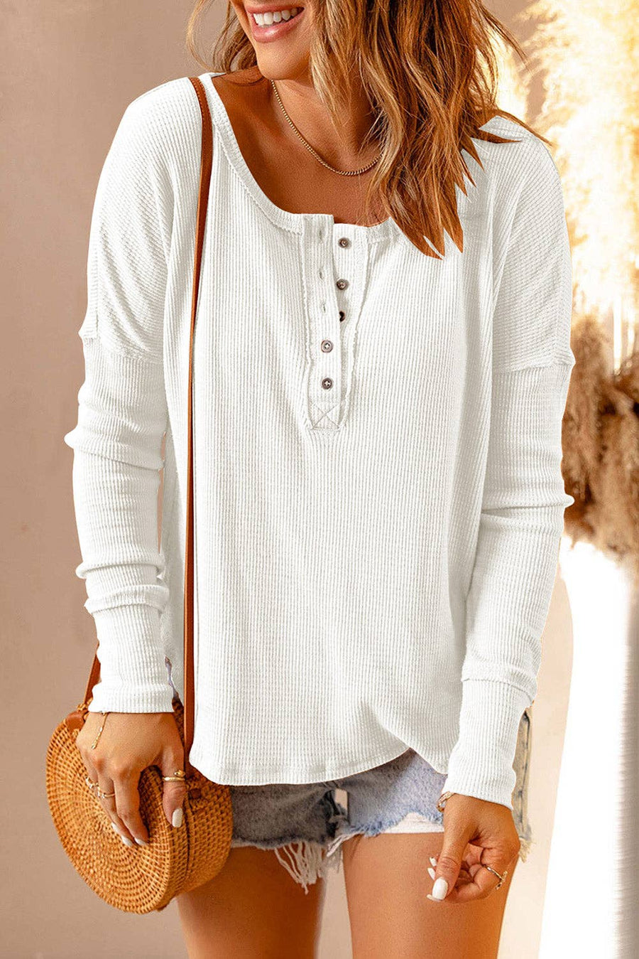 Lovesoft - Waffle Knit Henley Top: White