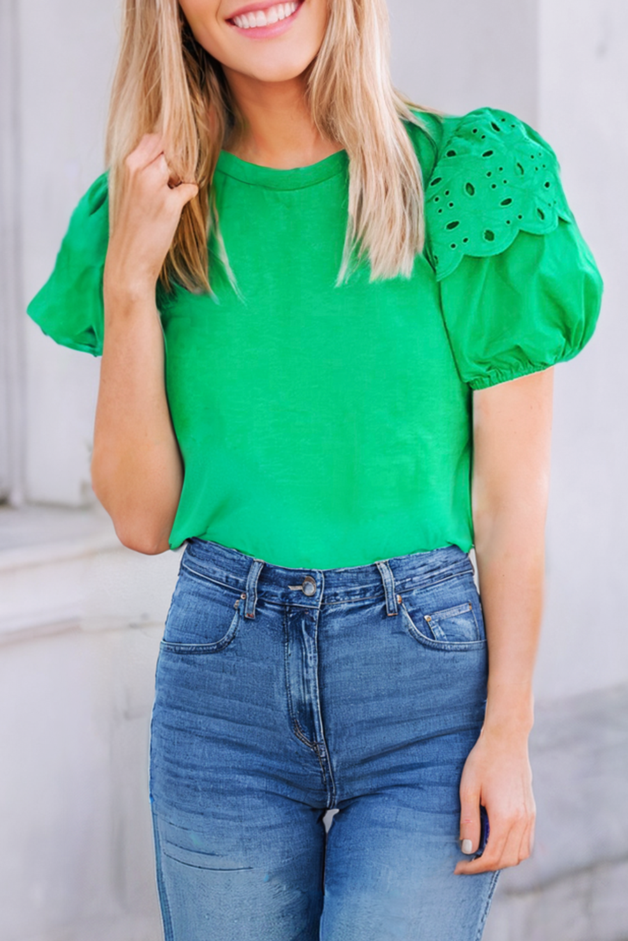 Little Daisy Closet - LDC Green Anglaise Embroidered Puff Short Sleeve Top