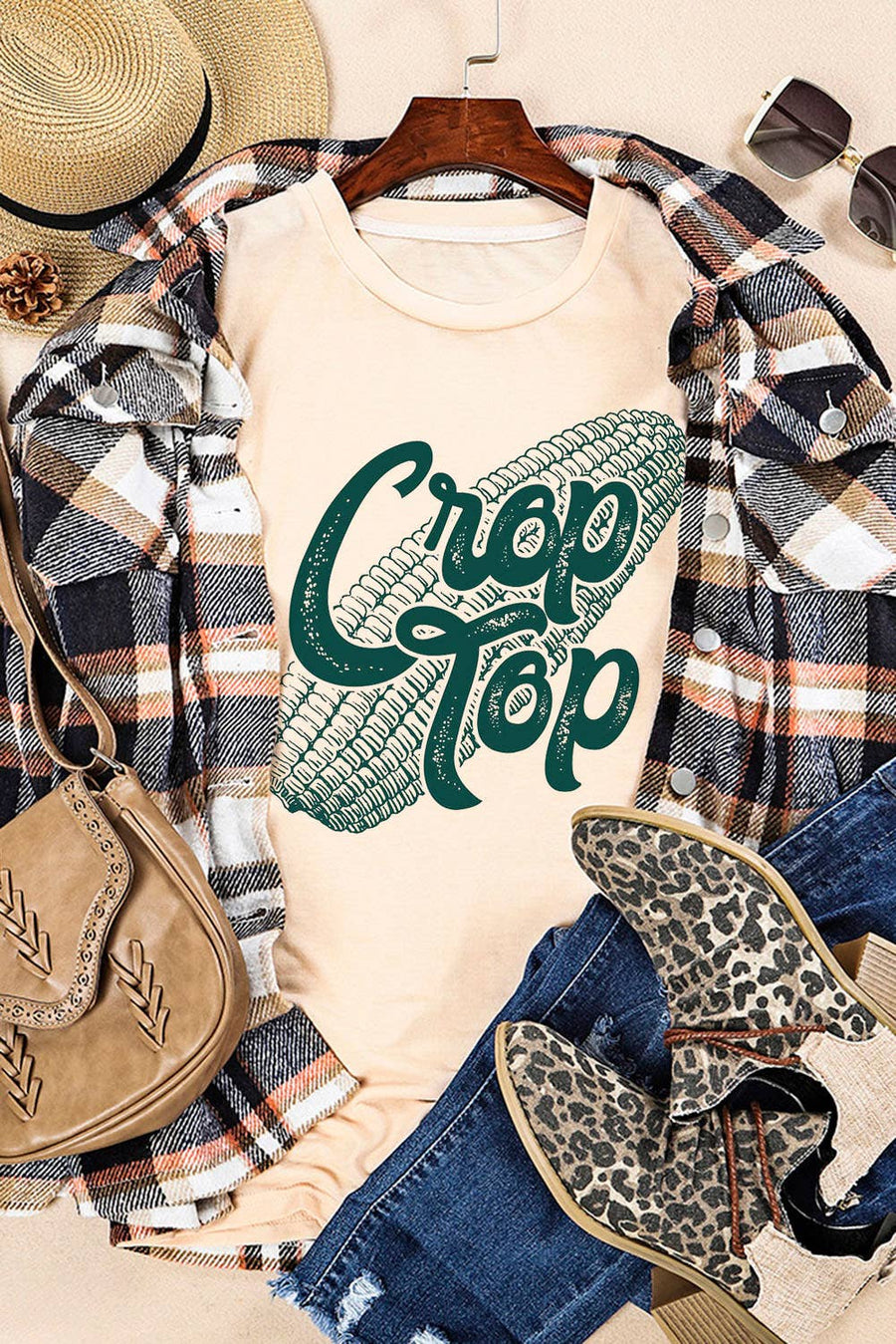 Little Daisy Closet - Khaki Corn Crop Top Graphic Tee