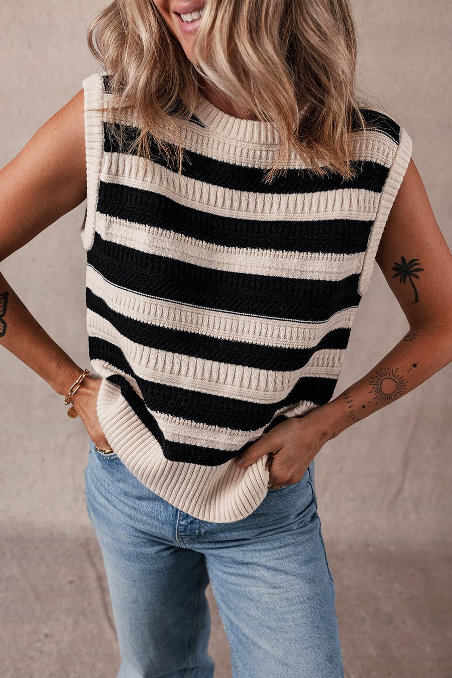 Little Daisy Closet - Stripe Ribbed Knitted Tank Top: Black