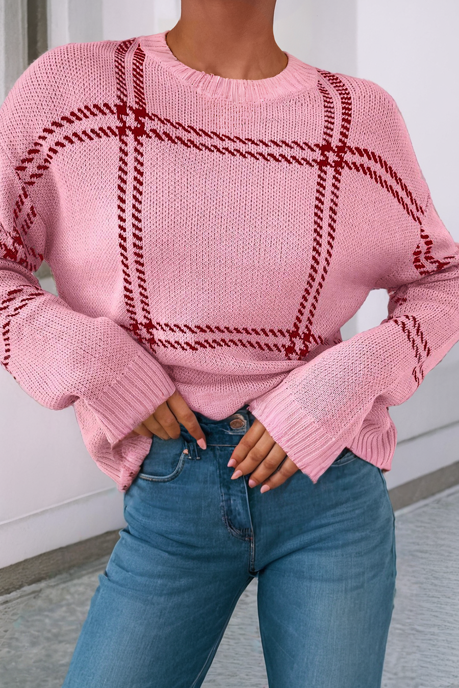 Plaid Pattern Knitted Drop Shoulder Sweater: Pink