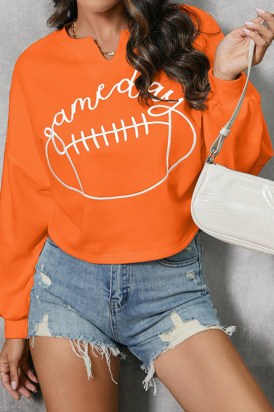 Little Daisy Closet - Game Day Lettering Rugby Notched Neck Sweatshirt: Orange