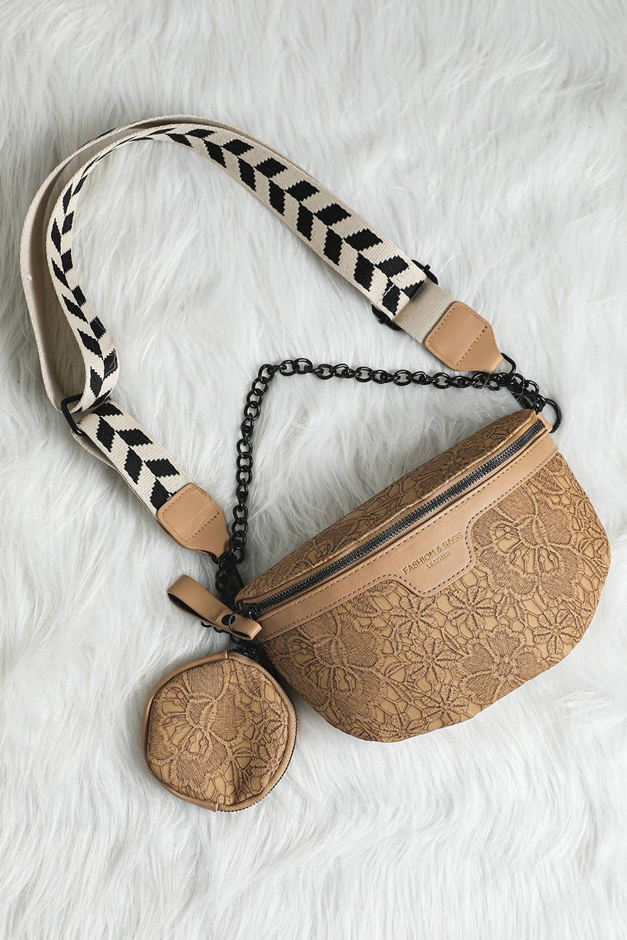 Little Daisy Closet - Colorblock Strap Chain Shoulder Bag With Coin Purse: Camel