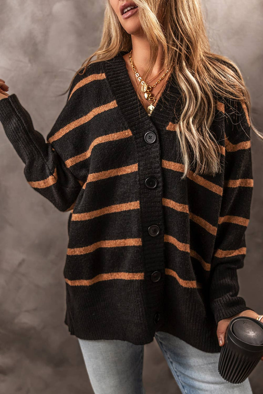 Little Daisy Closet - Stripe Buttoned Cardigan: Black + Brown