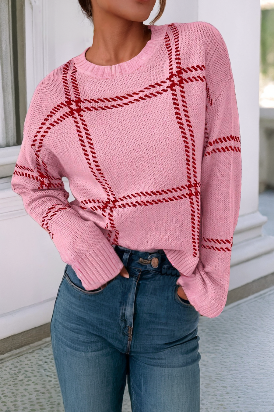 Plaid Pattern Knitted Drop Shoulder Sweater: Pink