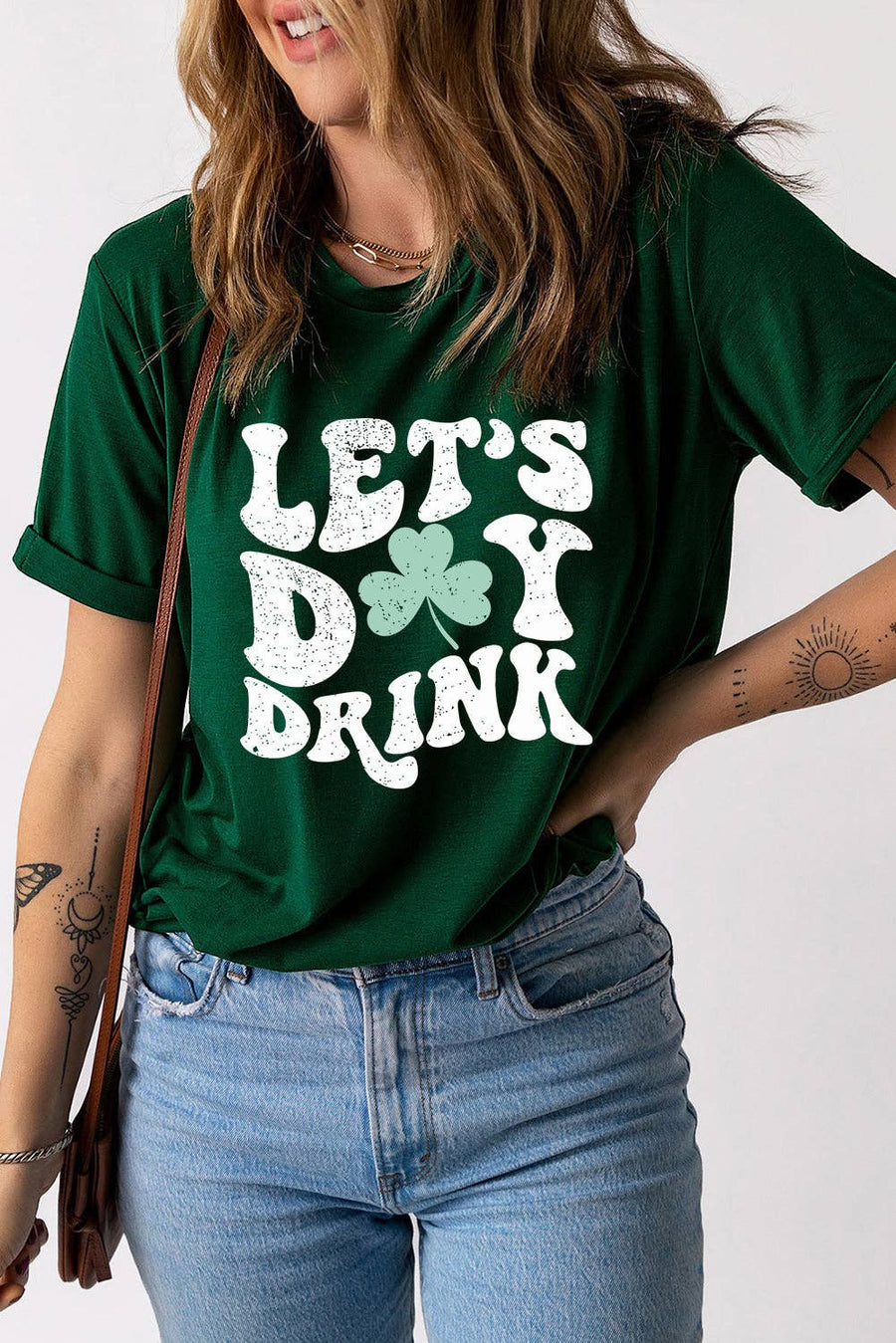 Lovesoft - Green Lets Day Drink Clover Print Round Neck T Shirt: Green / L / 62%Polyester+32%Cotton+6%Elastane