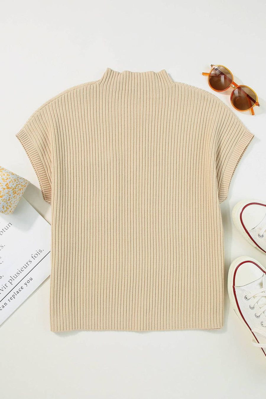 Lovesoft - Pocket Ribbed Knit Short Sleeve Sweater: Oatmeal